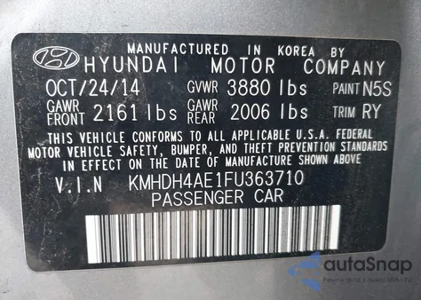2015 Hyundai Elantra Limited from USA, damaged, VIN KMHDH4AE1FU363710